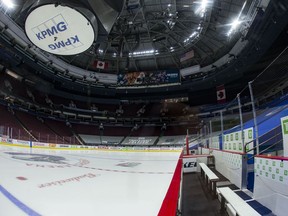A general view of an empty Rogers Arena in Vancouver after the game between the Calgary Flames and Vancouver Canucks scheduled for Wednesday night was postponed due to COVID-19.