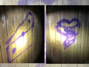 LaSalle police are investigating graffiti painted onto a fence that leads from Ramblewood Drive to Ojibway Oaks Park. The graffiti was discovered at 1 a.m on April 3, 2021. (COURTESY OF LASALLE POLICE / WINDSOR STAR)