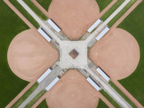 Baseball diamonds sit empty at Mic Mac Park on Sunday, April 18, 2021.