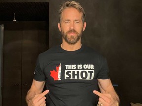 Ryan Reynolds joined a number of Canadian celebrities who shared a photo of themselves on social media wearing This Is Our Shot T-shirts to encourage others to get vaccinated against COVID-19.