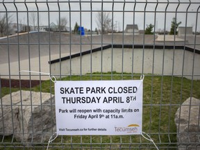 The Town of Tecumseh's skate park, photographed April 8, 2021. The municipal recreation facility is under new COVID-19 precautions.