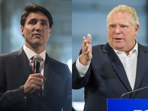 Prime Minister Justin Trudeau (L) and Premier Doug Ford are seen in this pair of photos.