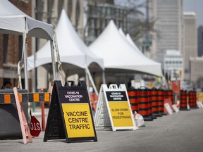 Tents are set up outside the COVID-19 vaccination centre at the University of Windsor's Windsor Hall, on Tuesday, April 6, 2021.