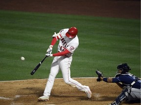 Shohei Ohtani #17 of the Los Angeles Angels hits two-run home run against pitcher Tyler Glasnow #20 of the Tampa Bay Rays during the sixth inning at Angel Stadium of Anaheim on May 3, 2021 in Anaheim, California.