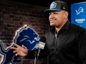 Detroit Lions' first-round pick Penei Sewell speaks to the media on Saturday during his introductory press conference.