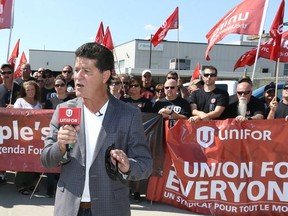 Unifor National President Jerry Dias is pictured in 2019 at a protest outside Nemak Plant on Ojibway Parkway in Windsor.