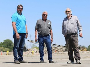 Mike Vagi, left, Don Tetrault and Rob Myers are the new owners of the former Navistar property on Richmond Street in Chatham, Ont. Photo taken on Tuesday, May 18, 2021. Mark Malone/Chatham Daily News/Postmedia Network
