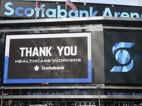 Signage outside of the entrance at the Scotiabank Arena on Monday, May 31, 2021.
