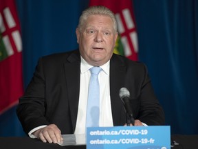 Ontario Premier Doug Ford holds a press conference at the Ontario legislature in Toronto, Thursday, May 13, 2021.