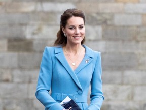 Britain's Catherine, Duchess of Cambridge, attends a Beating of the Retreat at Holyroodhouse Palace in Edinburgh, Scotland, Thursday, May 27, 2021.