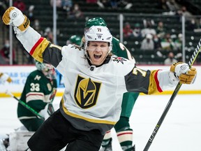 Vegas Golden Knights forward William Karlsson celebrates his goal during Game 3 of the first round of the Stanley Cup playoffs against the Minnesota Wild at Xcel Energy Center.