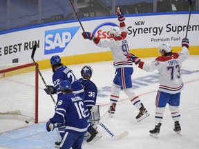 Montreal Canadiens forward Corey Perry celebrates after scoring against the Maple Leafs in Game 7 of their first-round series at Scotiabank Arena on Monday, May 31, 2021.