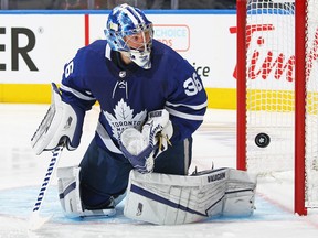 A shot by Joel Armia (not shown) of the Montreal Canadiens gets past goaie Jack Campbell of the Maple Leafs at Scotiabank Arena on May 27, 2021 in Toronto.