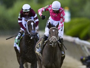 Flavien Prat, aboard Rombauer, reacts after winning the 146th running of the Preakness Stakes at Pimlico Race Course.