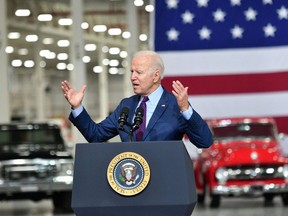 US President Joe Biden delivers remarks at the Ford Rouge Electric Vehicle Center, in Dearborn, Michigan on May 18, 2021.