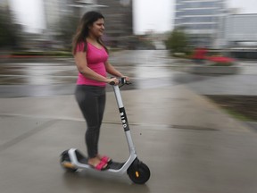 Jasleen Kaur takes a spin on a Bird e-scooter in downtown Windsor on Monday, May 3, 2021.