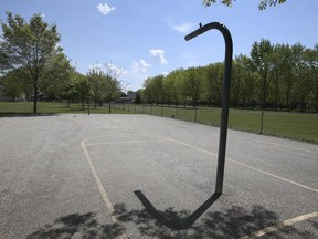 The Town of Tecumseh removed basketball nets at the Century Park, shown on Saturday, May 15, 2021, because a group of "disrespectful users" continued to play which is restricted due to provincial orders.