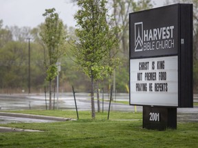 An empty parking lot at Harvest Bible Church is seen on Sunday, May 9, 2021.
