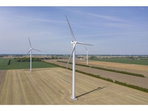 ESSEX, ONTARIO:. MAY 20, 2021 - Wind turbines are seen north of County Rd. 50 in Essex on Thursday, May 20, 2021.