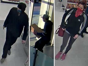 Security camera images of two males and a female involved in a robbery at a store in Harrow on May 12, 2021.