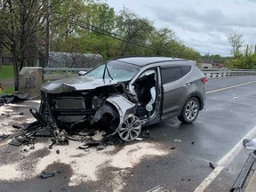 The aftermath of a single-vehicle collision on County Road 2 at the bridge over Pike Creek on May 9, 2021.