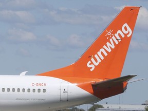 A Sunwing plane is shown at the AAR Aircraft Services facility in Windsor on Wednesday, May 12, 2021. The airline is planning to resume service between Windsor and Cuba next winter.