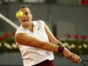Belarus' Aryna Sabalenka in action during her semi final match against Russia's Anastasia Pavlyuchenkova at Madrid Open in Spain on May 6, 2021 .