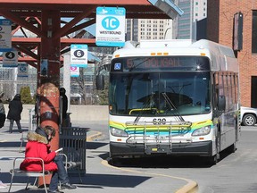 A Transit Windsor bus awaits passengers at the downtown terminal in this March 2021 file photo.