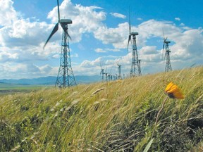 A line of turbines catch the breeze at the Canadian Hydro wind farm on Cowley Ridge east of Crowsnest Pass June 30.