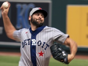 Michael Fulmer of the Detroit Tigers pitches against the Kansas City Royals in the ninth inning at Kauffman Stadium on May 23, 2021 in Kansas City, Missouri.