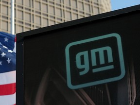 The new GM logo is seen on the facade of the General Motors headquarters in Detroit, Michigan, U.S., March 16, 2021.