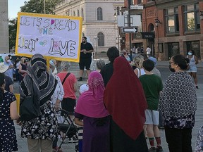 Approximately 100 people gathered in Springer Market Square in the evening on Wednesday June 9, 2020, to honour the four victims in the Muslim family from London, Ontario who were allegedly killed by a driver motivated by hate.