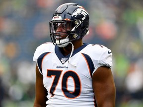 Ja'Wuan James of the Denver Broncos warms up before the preseason game against the Seattle Seahawks at CenturyLink Field on August 08, 2019 in Seattle, Washington.