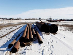 A supply depot servicing the Keystone XL crude oil pipeline lies idle in Oyen, Alta., Feb. 1, 2021.