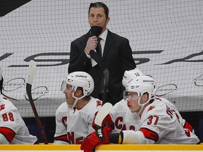 Rod Brind'Amour of the Carolina Hurricanes reacts to a call favoring the Nashville Predators at Bridgestone Arena on May 23, 2021 in Nashville, Tennessee.