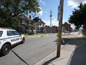 Police tape at the scene of an assault in the 400 block of Wyandotte Street West. Photographed June 22, 2021.