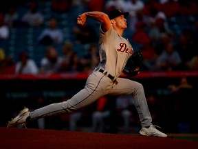 Detroit Tigers starting pitcher Matt Manning throws against the Los Angeles Angels during the second inning at Angel Stadium.