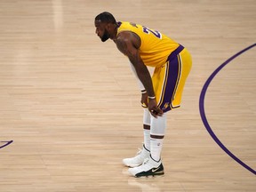 Los Angeles Lakers forward LeBron James reacts in the second quarter against the Phoenix Suns during game six in the first round of the 2021 NBA Playoffs. at Staples Center.