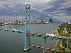 The Ambassador Bridge, a major international border crossing between the United States and Canada, is seen from the Canadian side on Saturday, June 19, 2021.