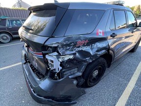 A LaSalle police vehicle damaged in a pursuit of a large stolen truck during the early morning hours of June 16, 2021.