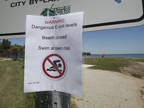 A sign indicating that the beach is closed due to dangerous E. coli levels is shown at the Sand Point Beach in Windsor on Thursday, June 17, 2021.