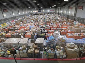 Some of the two-million pounds of goods donated to the June 27 Miracle in Windsor-Essex. Photographed July 7, 2020, in the WFCU Centre.