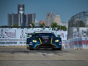 The Heart of Racing team's Aston Martin Vantage GT3 on the track at Belle Isle Park for the Detroit Grand Prix on June 12, 2021.