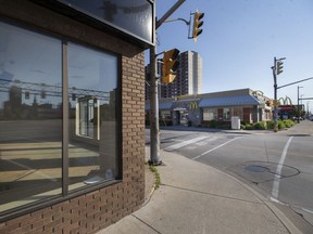 A corner of the building at 101 Wyandotte St. East, one of two proposed locations for a safe injection site, now referred to as a consumption and treatment services facility, in downtown Windsor on June 17, 2021.