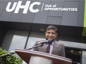 WINDSOR, ONTARIO:. JUNE 28, 2021 - Dr. Bharat Maheshwari speaks at a Windsor press event on Monday, June 28, 2021, announcing a joint venture involving the UHC: Hub of Opportunities and ONRx to implement a telemedicine platform for newcomers.