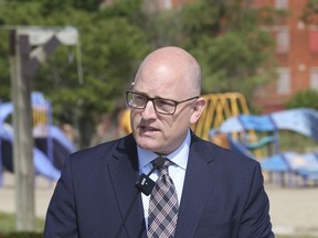 Windsor Mayor Drew Dilkens speaks at a press conference on Tuesday, June 1, 2021 at Sand Point Beach. Dilkens has abandoned his quest to have unused American vaccines delivered to Canadians.