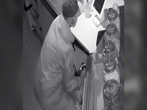 A security camera image of the male suspect who broke into Slinky's Ice Cream at 100 Lesperance Rd. in Tecumseh on the morning of June 8, 2021.