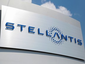 A Stellantis sign is seen outside its headquarters in Auburn Hills, Michigan, U.S., June 10, 2021.   REUTERS/Rebecca Cook