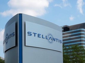 A Stellantis sign is seen outside its headquarters in Auburn Hills, Michigan, U.S., June 10, 2021.