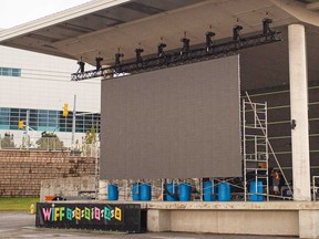 The giant LED screen at Windsor's Riverfront Festival Plaza set up for WIFF Under the Stars in August 2020.